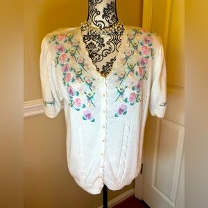 Sheridan Square, vintage, pearl button-up sweater, floral stitched, size Med